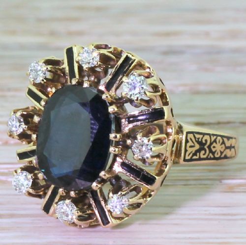 Art Deco 3.50 Carat Sapphire & Diamond Enamelled Ring, Circa 1920
