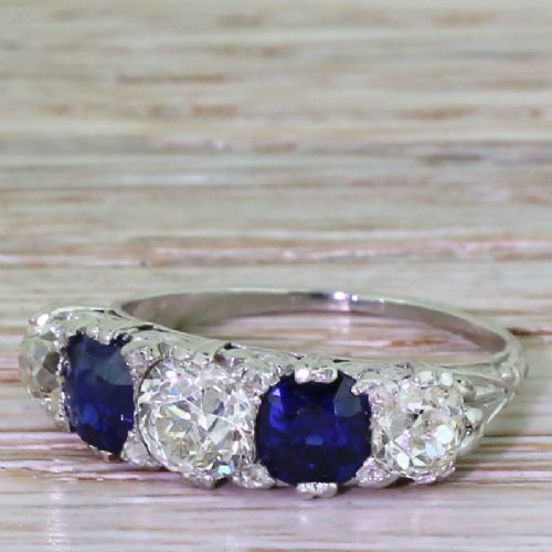 Early 20th Century 1.40 Carat Old Cut Diamond & Sapphire Five Stone Ring, Circa 1930
