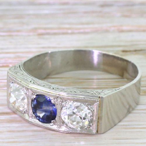 Retro Sapphire & Old Cut Diamond Trilogy Ring, Circa 1945
