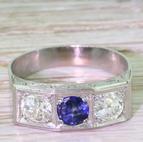 fig 1. Retro Sapphire & Old Cut Diamond Trilogy Ring, circa 1945