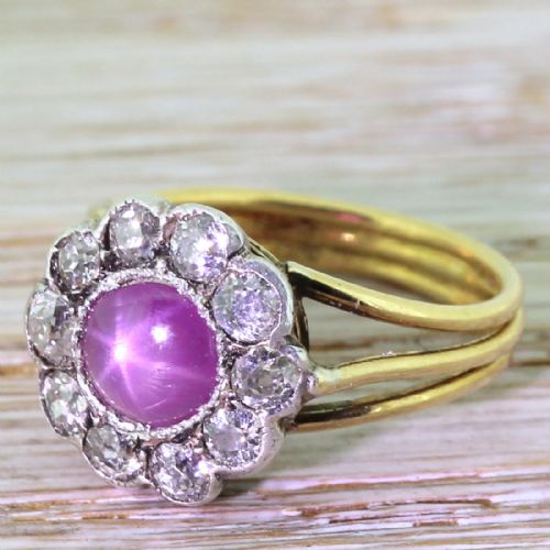 Victorian Pink Star Sapphire & Old Cut Diamond Cluster Ring, Circa 1870
