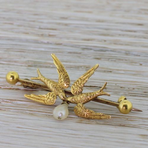 Victorian Natural Pearl “Love Birds” Pin Brooch, Dated 1888
