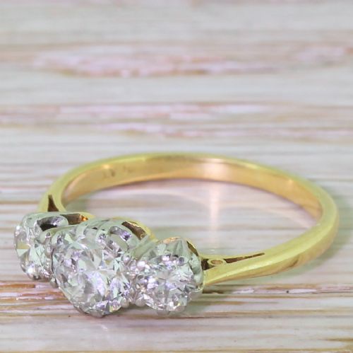 Mid Century 1.05 Carat Transitional Cut Diamond Trilogy Ring, Circa 1950
