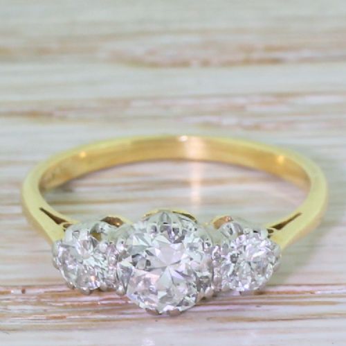 fig 1. Mid Century 1.05 Carat Transitional Cut Diamond Trilogy Ring, circa 1950