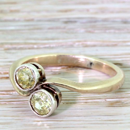 Art Deco 0.70 Carat Fancy Yellow Old Cut Diamond Crossover Ring, Circa 1915
