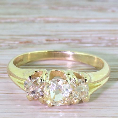 fig 1. Victorian 1.20 Carat Fancy Light Yellow Old Cut Three Stone Ring, circa 1900
