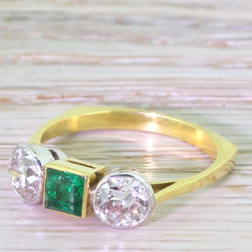 Art Deco Emerald & 1.40 Carat Old Cut Diamond Trilogy Ring, Circa 1940
