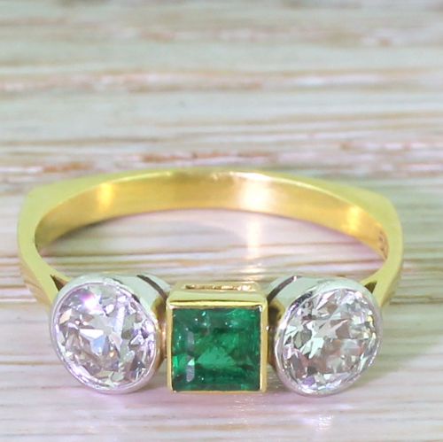 fig 1. Art Deco Emerald & 1.40 Carat Old Cut Diamond Trilogy Ring, circa 1940
