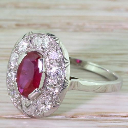 Art Deco 1.00 Carat Natural Ruby & Old Cut Diamond Cluster Ring, French, Circa 1930
