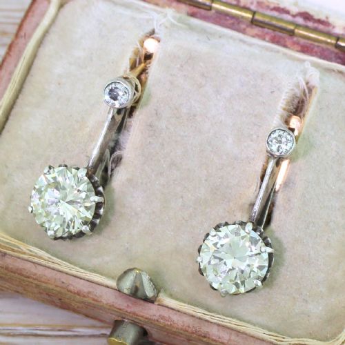Edwardian 3.21 Carat Old European Cut Diamond Earrings, Circa 1905
