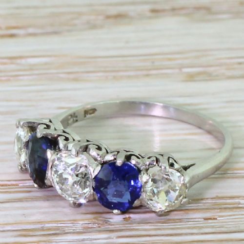 Art Deco 1.25 Carat Old Cut Diamond & Sapphire Five Stone Ring, Circa 1925
