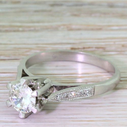 Retro 0.54 Carat Transitional Cut Diamond Engagement Ring, Circa 1945
