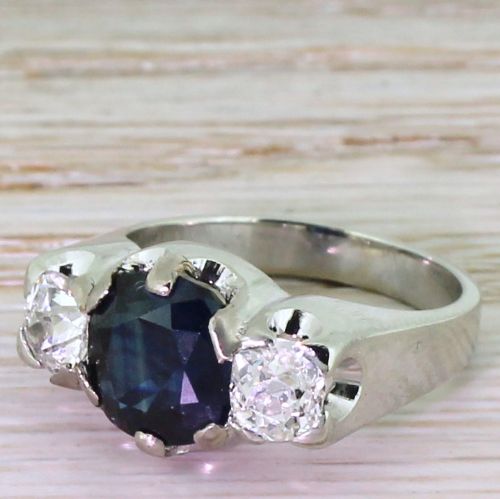 Retro 3.05 Carat Natural Sapphire & Old Cut Diamond Trilogy Ring, Circa 1945
