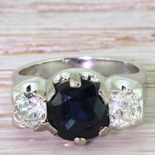 fig 1. Retro 3.05 Carat Natural Sapphire & Old Cut Diamond Trilogy Ring, circa 1945
