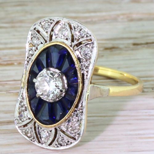 Art Deco Sapphire & Diamond Plaque Ring with Original Box, French, Circa 1930
