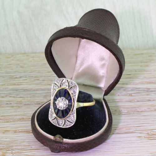 fig 1. Art Deco Sapphire & Diamond Plaque Ring with Original Box, French, circa 1930
