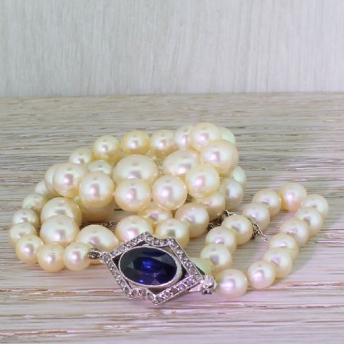 Mid Century Cultured Pearl Necklace with Sapphire & Rose Cut Diamond Clasp, French, Circa 1950

