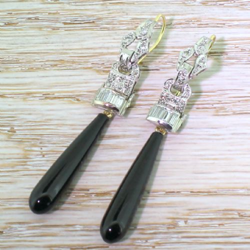 Art Deco Diamond & Onyx Drop Earrings, Circa 1940
