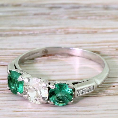 Art Deco 0.65 Carat Old Cut Diamond & Emerald Trilogy Ring, Circa 1920
