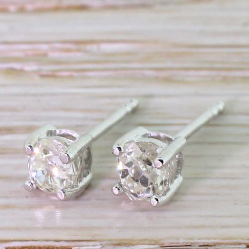 0.60 Carat Old Mine Cut Diamond Stud Earrings, 18k White Gold