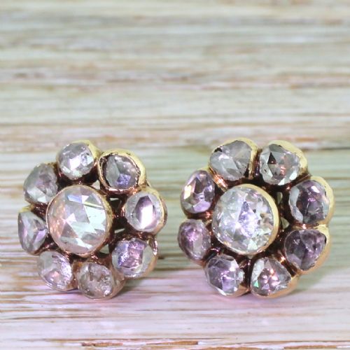 Early Victorian 2.80 Carat Rose Cut Diamond Cluster Earrings, Circa 1850

