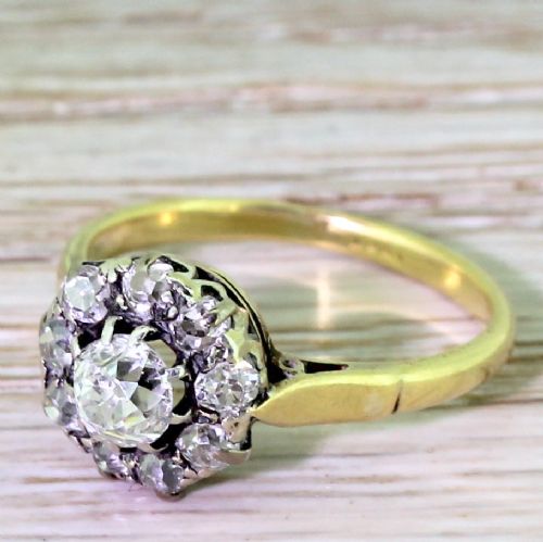 Victorian 1.00 Carat Old Cut Diamond Target Cluster Ring, Circa 1890
