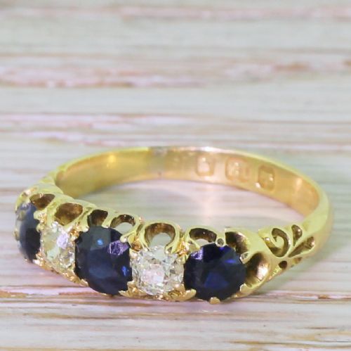 Victorian Sapphire & Old Cut Diamond Five Stone Ring, Dated 1893
