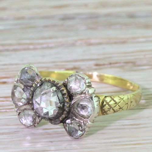 Georgian 1.10 Carat Rose Cut Diamond Seven Stone Ring, Circa 1820
