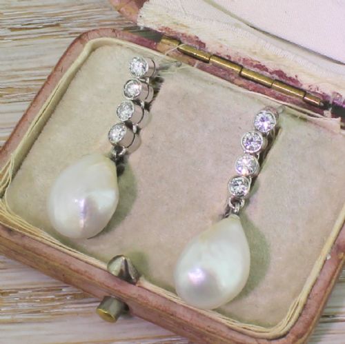 Mid Century Natural Saltwater Pearl & Diamond Pendant Earrings, Circa 1950
