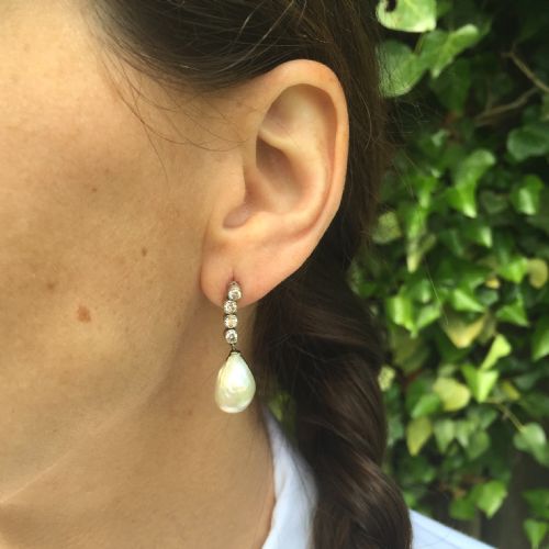 fig 1. Mid Century Natural Saltwater Pearl & Diamond Pendant Earrings, circa 1950

