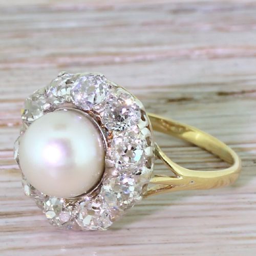 Art Deco Pearl & 1.96 Carat Old Cut Diamond Cluster Ring, Circa 1920
