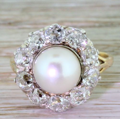 fig 1. Art Deco Pearl & 1.96 Carat Old Cut Diamond Cluster Ring, circa 1920
