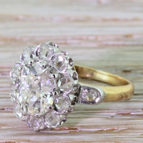 Art Deco 1.60 Carat Old Cut & Rose Cut Diamond Cluster Ring, French, Circa 1930