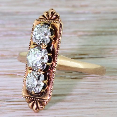 Art Deco 1.30 Carat Old Cut Diamond Vertical Three Stone Ring, Circa 1915
