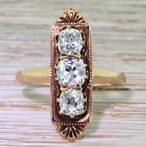 fig 1. Art Deco 1.30 Carat Old Cut Diamond Vertical Three Stone Ring, circa 1915