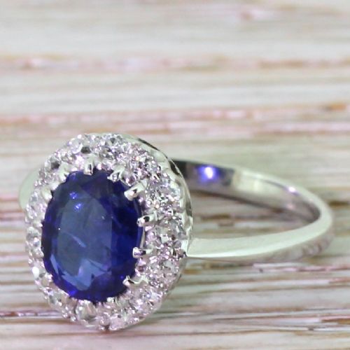 Art Deco 1.70 Carat Natural Unheated Sapphire & Diamond Cluster Ring, Circa 1935
