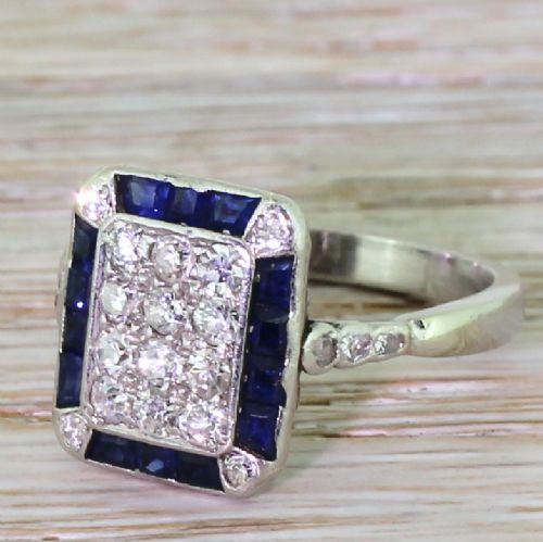 Retro Old Cut Diamond & Calibre Cut Sapphire Rectangle Cluster Ring, Circa 1945
