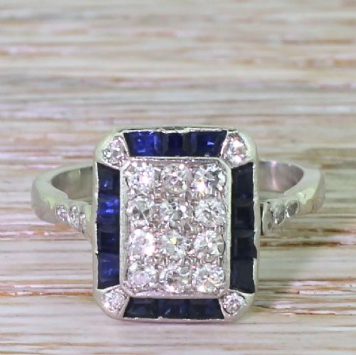 fig 1. Retro Old Cut Diamond & Calibre Cut Sapphire Rectangle Cluster Ring, circa 1945
