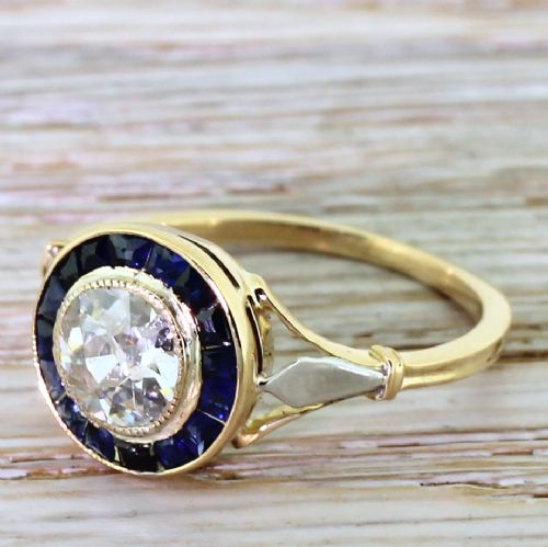 Art Deco 1.00 Carat Old Cut Diamond & Calibre Cut Sapphire Ring, French, Circa 1925
