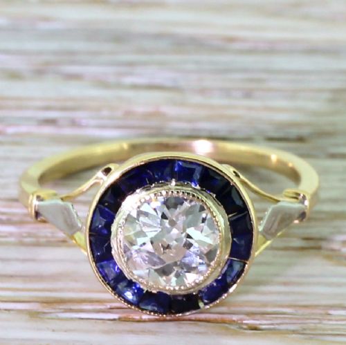 fig 1. Art Deco 1.00 Carat Old Cut Diamond & Calibre Cut Sapphire Ring, French, circa 1925
