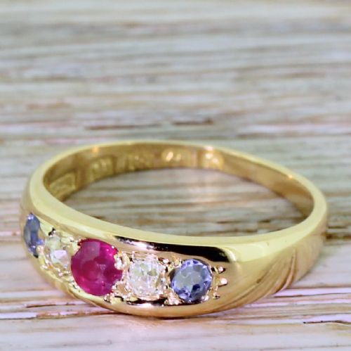 Victorian Old Cut Diamond, Ruby & Sapphire Five Stone Ring, Dated 1901
