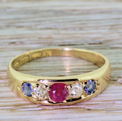 fig 1. Victorian Old Cut Diamond, Ruby & Sapphire Five Stone Ring, dated 1901
