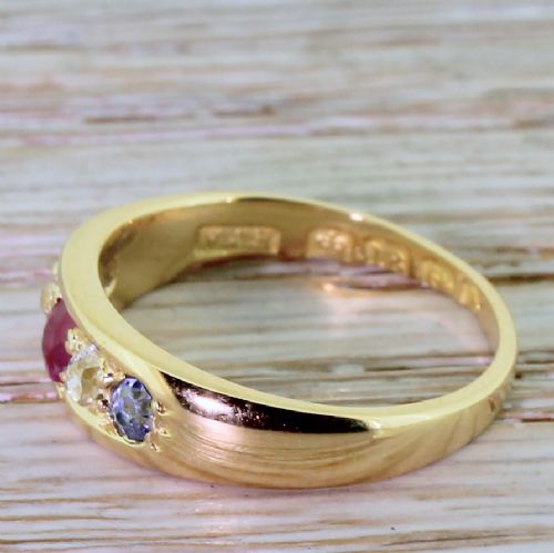 fig 2. Victorian Old Cut Diamond, Ruby & Sapphire Five Stone Ring, dated 1901