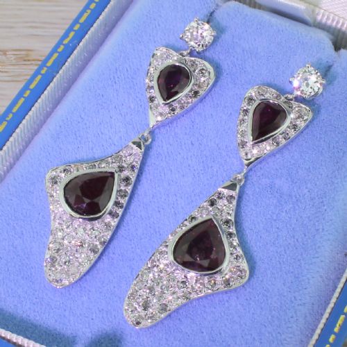 Retro 6.16 Carat Ruby & 3.06 Carat Old Cut Diamond Drop Earrings, Circa 1945
