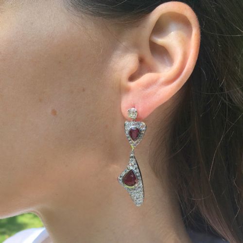 fig 1. Retro 6.16 Carat Ruby & 3.06 Carat Old Cut Diamond Drop Earrings, circa 1945
