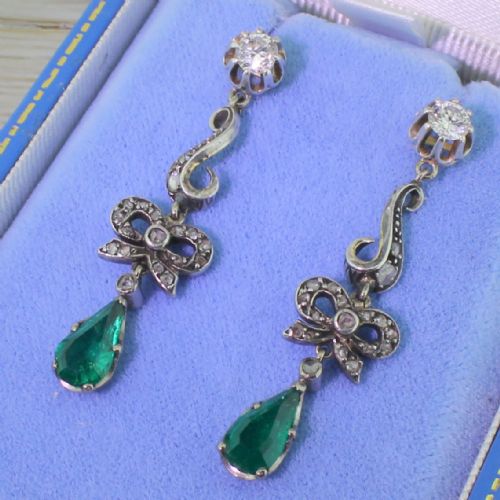 Victorian 2.20 Colombian Emerald & Diamond “Bow” Drop Earrings, Circa 1870
