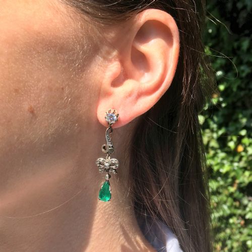 fig 1. Victorian 2.20 Colombian Emerald & Diamond “Bow” Drop Earrings, circa 1870
