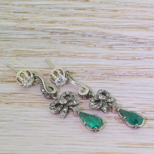 fig 2. Victorian 2.20 Colombian Emerald & Diamond “Bow” Drop Earrings, circa 1870

