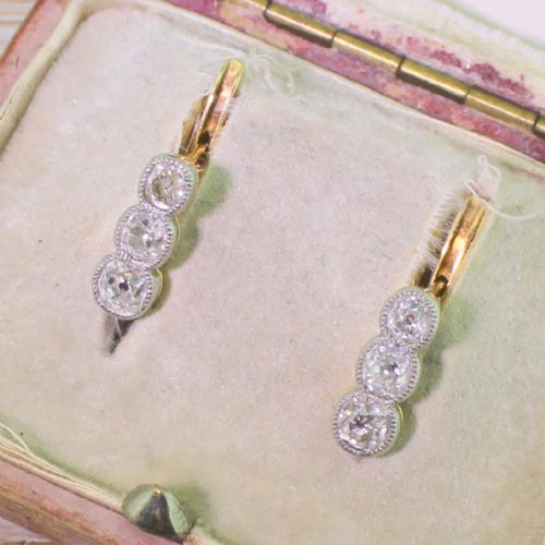 Edwardian 0.90 Carat Old Cut Diamond Three Stone Earrings, Circa 1910
