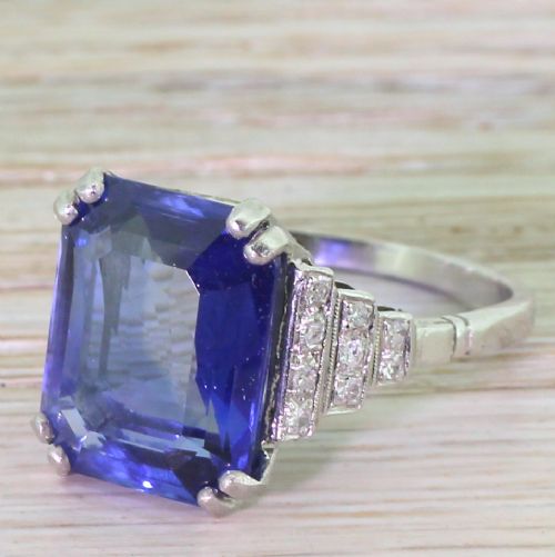 Art Deco 10.82 Carat Emerald Cut Natural Sapphire Ring, Circa 1935
